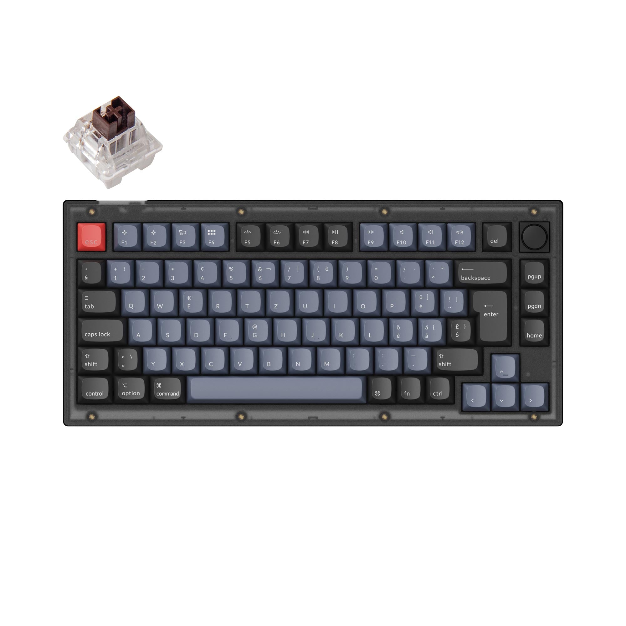 Keychron V1 QMK VIA custom mechanical keyboard 75 percent layout frosted black knob hot-swappable Keychron K Pro switch brown ISO Swiss layout